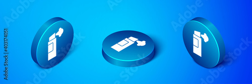 Isometric Pepper spray icon isolated on blue background. OC gas. Capsicum self defense aerosol. Blue circle button. Vector.