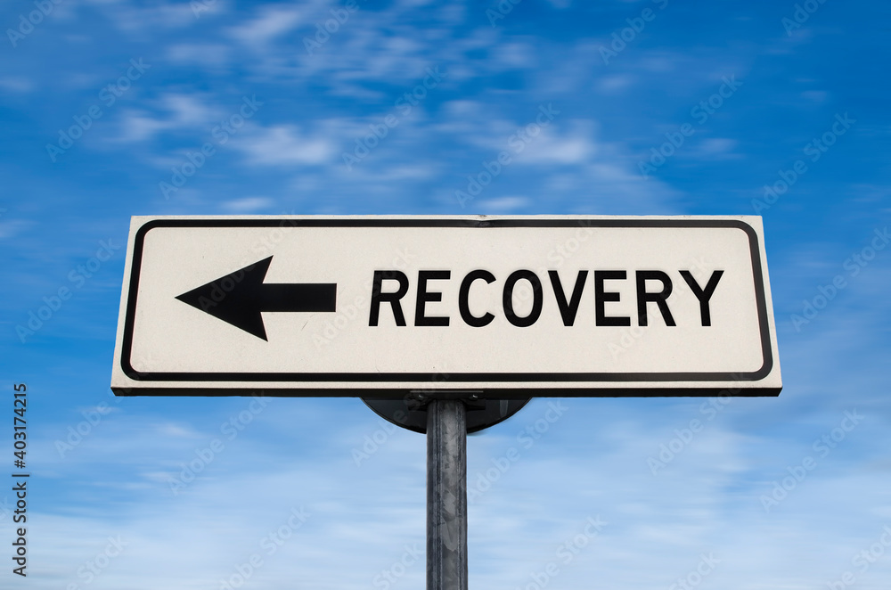 Recovery road sign, arrow on blue sky background. One way blank road sign with copy space. Arrow on a pole pointing in one direction. Recovery road sign, arrow on blue sky background. One way blank road sign with copy space. Arrow on a pole pointing in one direction.
