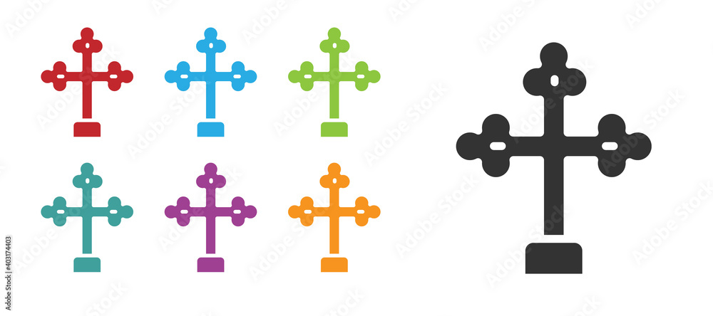 Black Christian cross icon isolated on white background. Church cross. Set icons colorful. Vector.