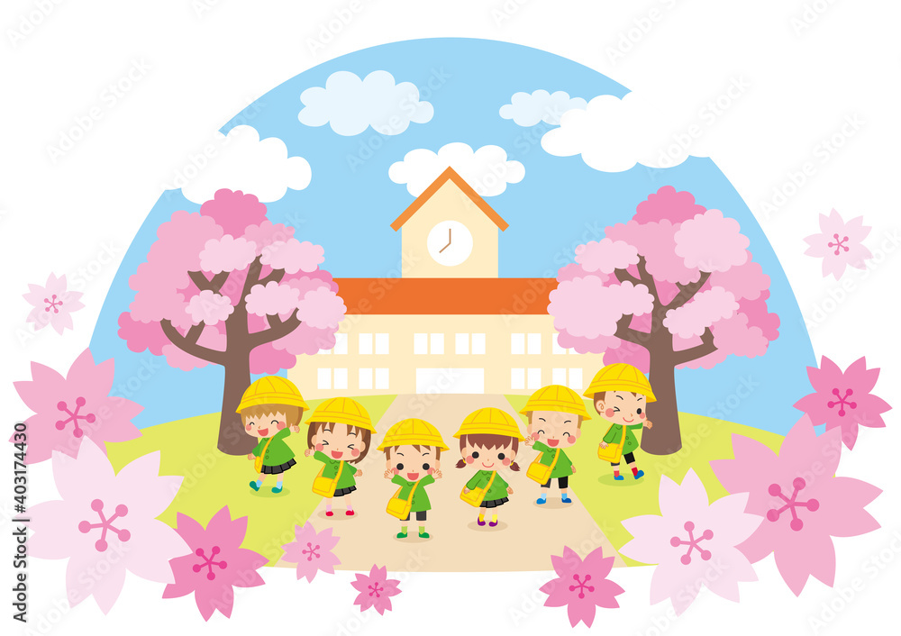 可愛い幼稚園児の子供たちと幼稚園のイラスト 桜咲く春の風景 年少さんキッズ6人組 アイコン Stock Vector Adobe Stock