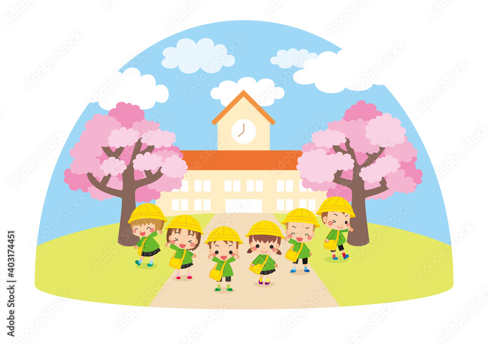 可愛い幼稚園児の子供たちと幼稚園のイラスト　桜咲く春の風景　年少さんキッズ6人組　アイコン