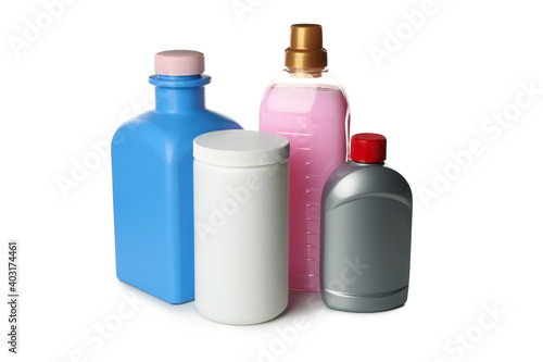 Bottles with laundry liquid isolated on white background