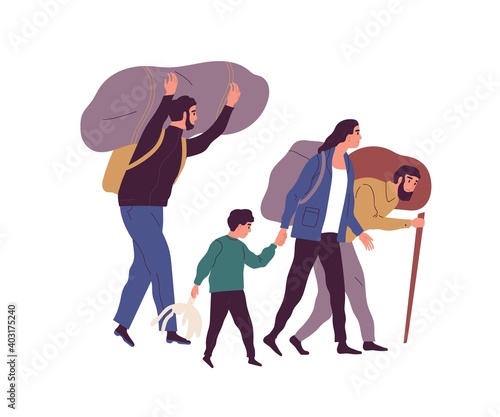 Group of refugee people carrying huge bags with things vector flat illustration. Man, woman and child illegal migrants escape together isolated on white. Evacuee person, victim of war and poverty