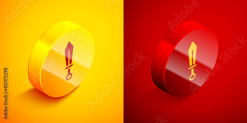 Isometric Sword toy icon isolated on orange and red background. Circle button. Vector.