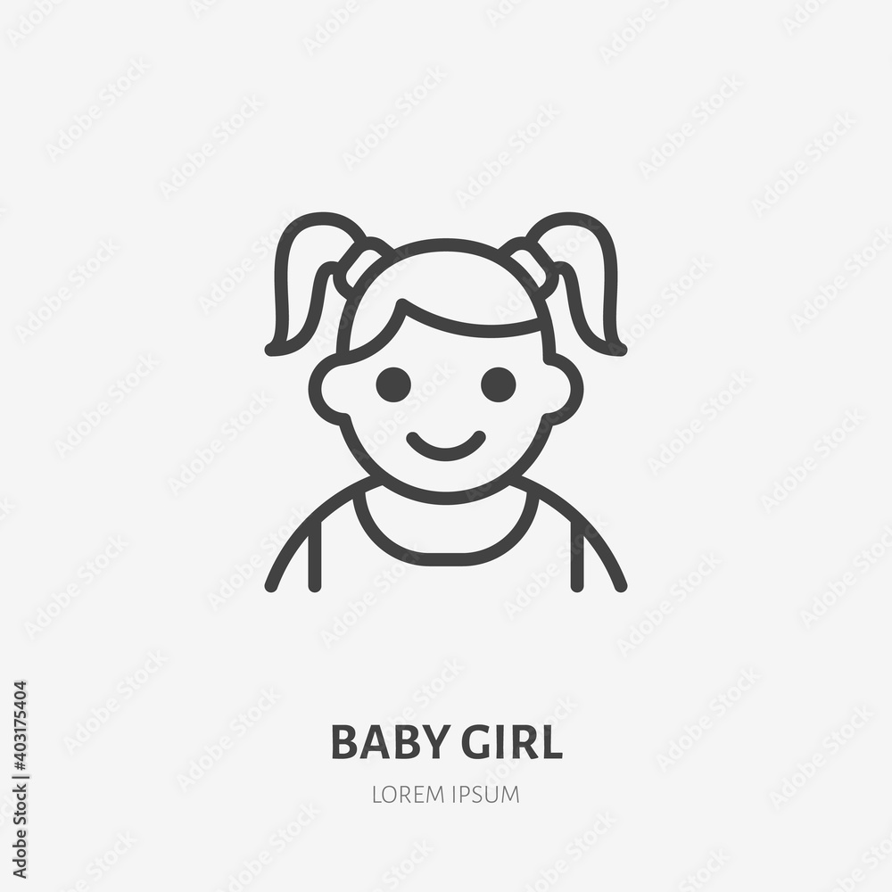 Obraz premium Baby girl flat line icon. Vector outline illustration of little child avatar. Black color thin linear sign for children simple avatar