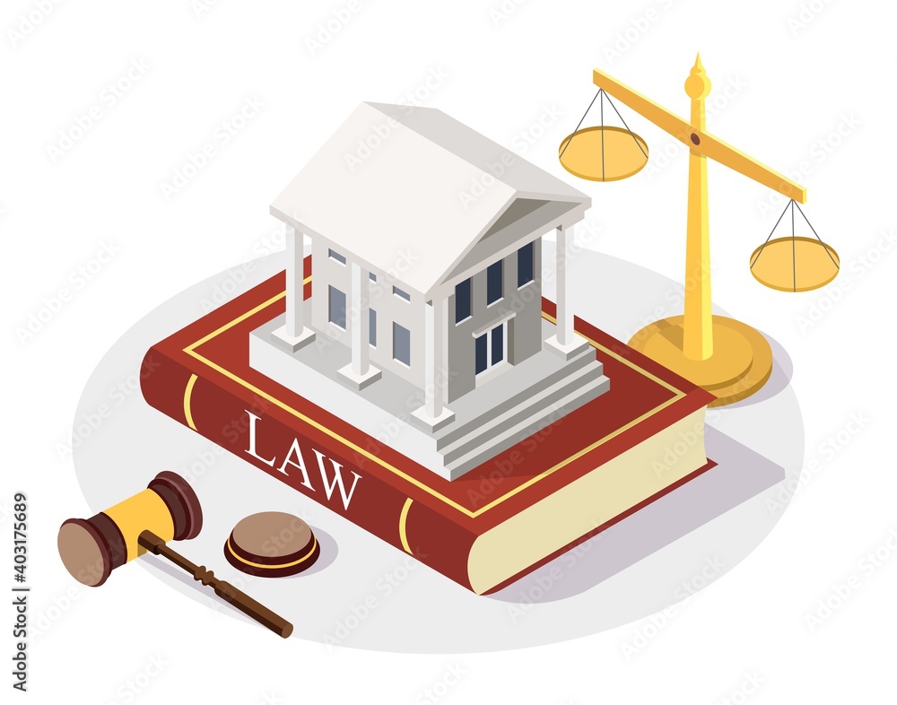 Isometric court building standing on the Law book, scales of justice