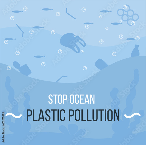 Ocean with aquatic animals and plastic garbage floating in water. Environmental issue or ecology problem of marine pollution, rubbish in sea. Vector illustration in flat cartoon style.