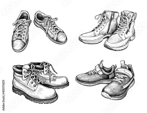 Hand drawn sketch of different pairs shoes. Boots and sneakers isolated on a white background. Concept of comfort shoes in modern casual style. Side view. Vector illustration