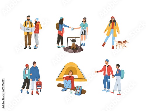 Collection of different travelling people vector flat illustration. Set of man and woman reading map, walking, spending time at campsite or near campfire isolated. Tourists enjoy travel or adventure