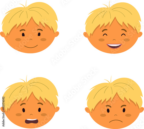 A boy's set of emotions. Pleasure, Joy, Fright, anger, . Flat vector illustration in cartoon style
