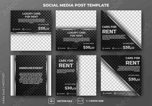 Set of Editable square banner template. Black background with carbon pattern illustration. Flat design vector with a photo collage. Usable for social media, banner, and web internet ads.