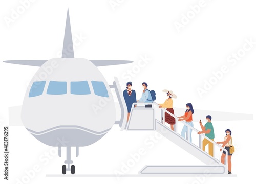 Passengers, stewardess in face masks for coronavirus Covid-19 protection during boarding procedure, flat vector illustration. New antiviral flight rules on plane, new normal of air travel, safe flight