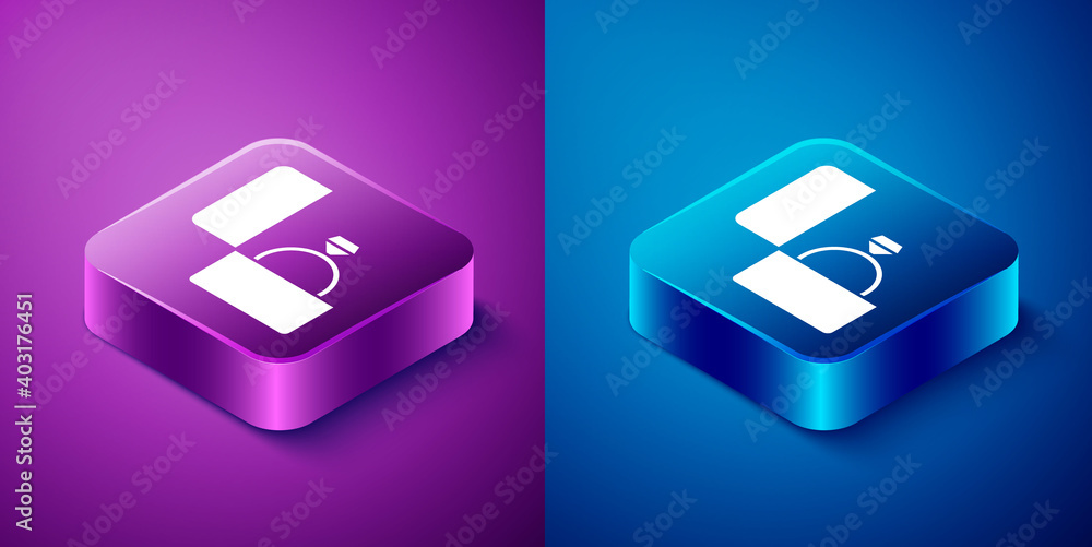 Isometric Diamond engagement ring icon isolated on blue and purple background. Square button. Vector. Isometric Diamond engagement ring icon isolated on blue and purple background. Square button. Vector.