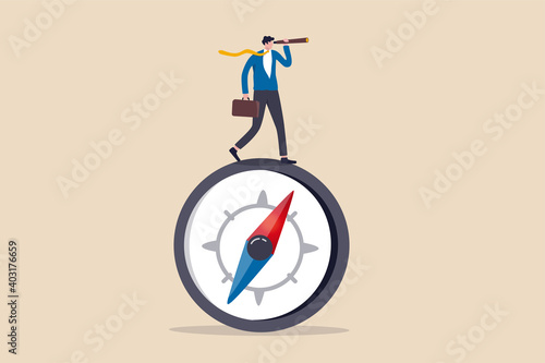 Business direction with leadership visionary, business goal and achievement or looking for solution and discovery concept, smart businessman leader using telescope look for the way forward strategy.