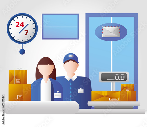postal office service employees with weight scale packages mail envelope