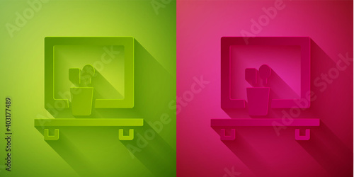 Paper cut Washbasin mirror icon isolated on green and pink background. Bathroom interior with a mirror. Paper art style. Vector.