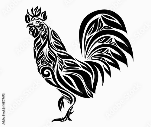 Decorative cockerel. Stylized rooster decorated with floral ornament. Cock isolated on a white background.