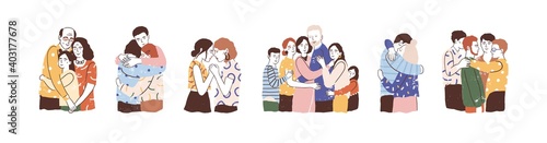 Set of people hugging and support each other isolated on white. Concept of reunion and warm relationship. Families, couple and friends cuddling. Vector illustration in flat cartoon style