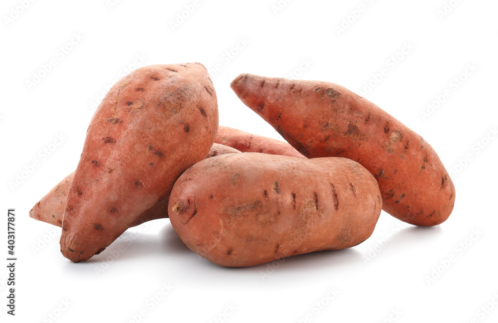 Fresh sweet potatoes on white background Fresh sweet potatoes on white background
