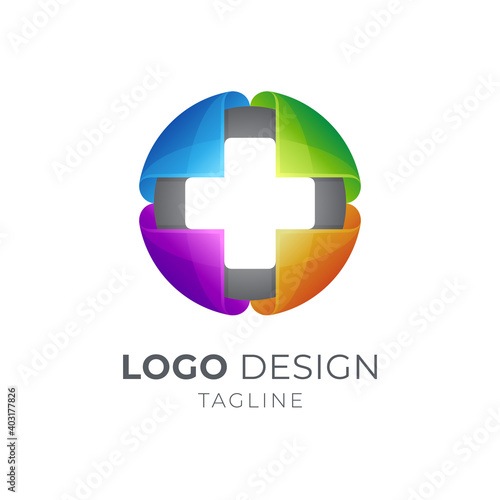 Global medical center logo template. Medical cross and globe with 3d concept in multiple color
