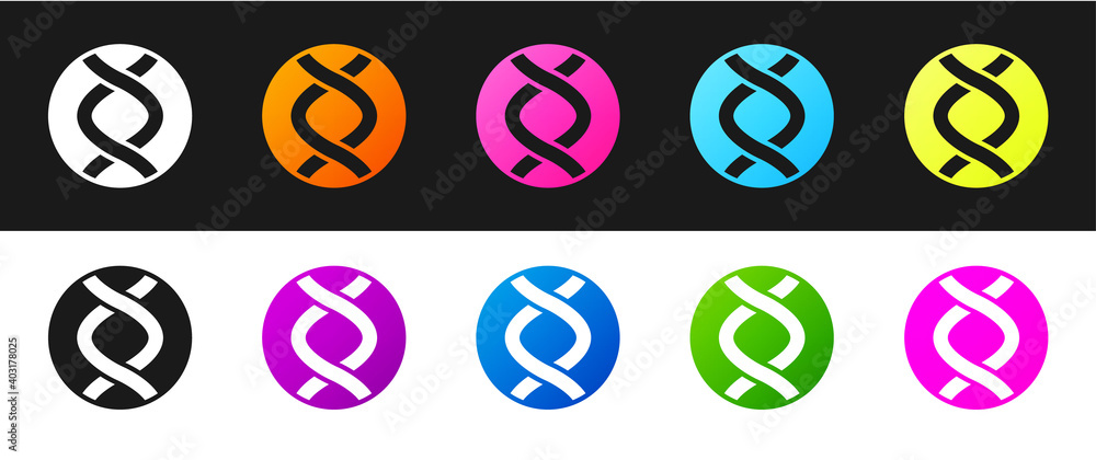 Set DNA symbol icon isolated on black and white background. Genetic engineering, genetics testing, cloning, paternity testing. Vector. Set DNA symbol icon isolated on black and white background. Genetic engineering, genetics testing, cloning, paternity testing. Vector.