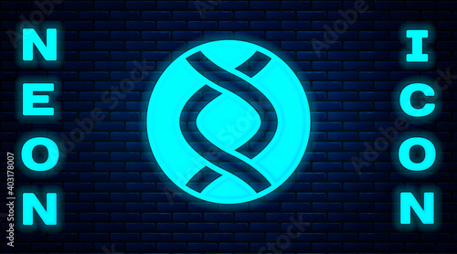 Glowing neon DNA symbol icon isolated on brick wall background. Genetic engineering, genetics testing, cloning, paternity testing. Vector.