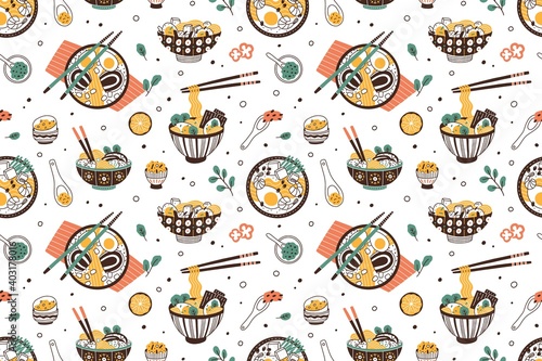 Ramen soup hand drawn seamless pattern. Traditional japanese dish with noodles in bowls vector flat illustration. Background with national oriental meal. Wrapping for wok restaurant