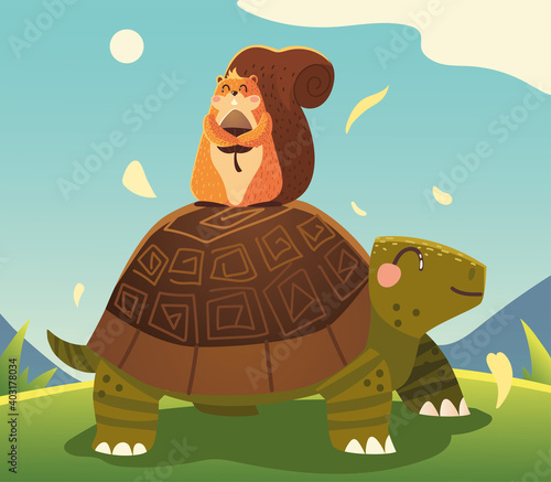 cute turtle and squirrel with acorn in the meadow cartoon