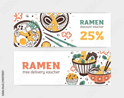 Set of ramen free delivery and discount voucher banner vector flat illustration. Flyer of national japanese cuisine restaurant or cafe with place for text isolated. Horizontal promo with oriental meal