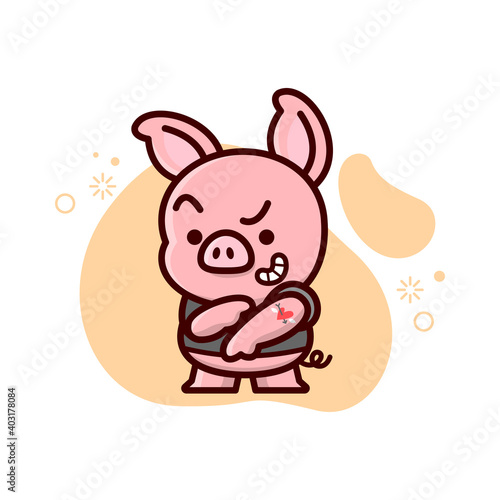 CUTE LITTLE PIG SHOWING HIS TATTOO ON HIS ARM. VALENTINE DAY ILLUSTRATION