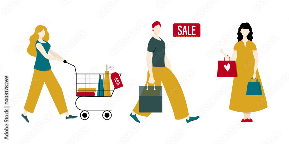 
People come with bags from shops. Person shop at the mall. Vector set of women and men on an isolated background for design on a sale theme. Flat design
