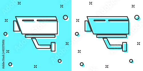 Black line Security camera icon isolated on green and white background. Random dynamic shapes. Vector.