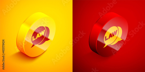 Isometric Law icon isolated on orange and red background. Circle button. Vector.