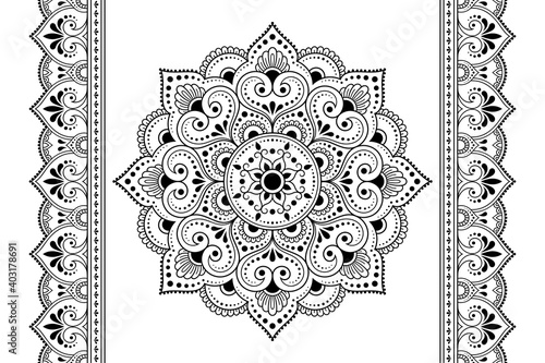 Set of mandala pattern and seamless border for Henna drawing and tattoo. Decoration in ethnic oriental mehndi, Indian style. Doodle ornament in black and white. Hand draw vector illustration.
