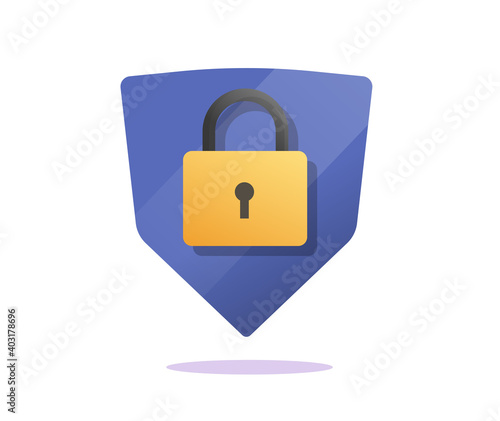 Secure shield with lock as data protection icon vector flat cartoon sign, protected internet access or safe privacy sign modern design blue golden color