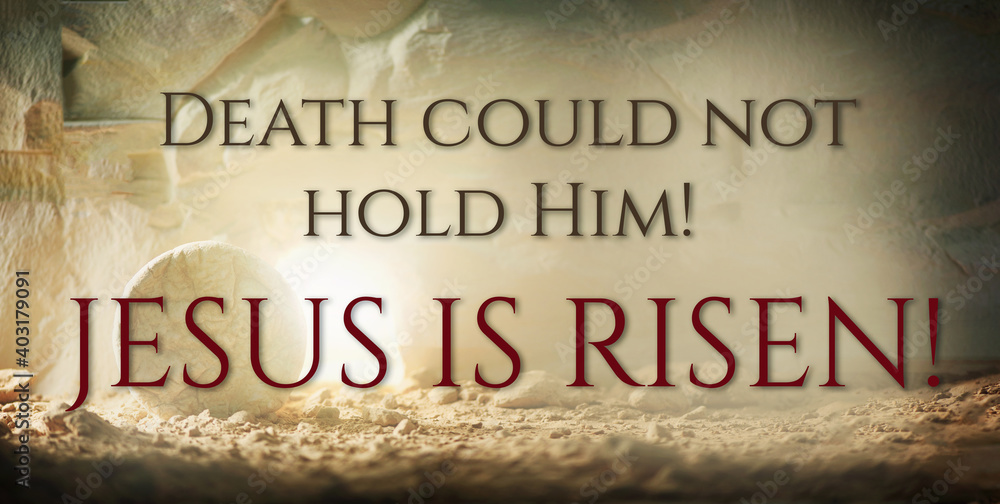 Obraz premium Jesus Christ resurrection. Christian Easter concept. Empty tomb of Jesus with light. Born to Die, Born to Rise. He is not here he is risen . Savior, Messiah, Redeemer, Gospel. Alive. Miracle.