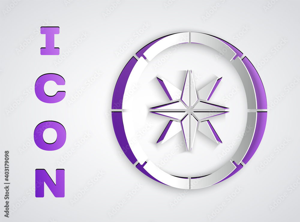 Paper cut Compass icon isolated on grey background. Windrose navigation symbol. Wind rose sign. Paper art style. Vector. Paper cut Compass icon isolated on grey background. Windrose navigation symbol. Wind rose sign. Paper art style. Vector.