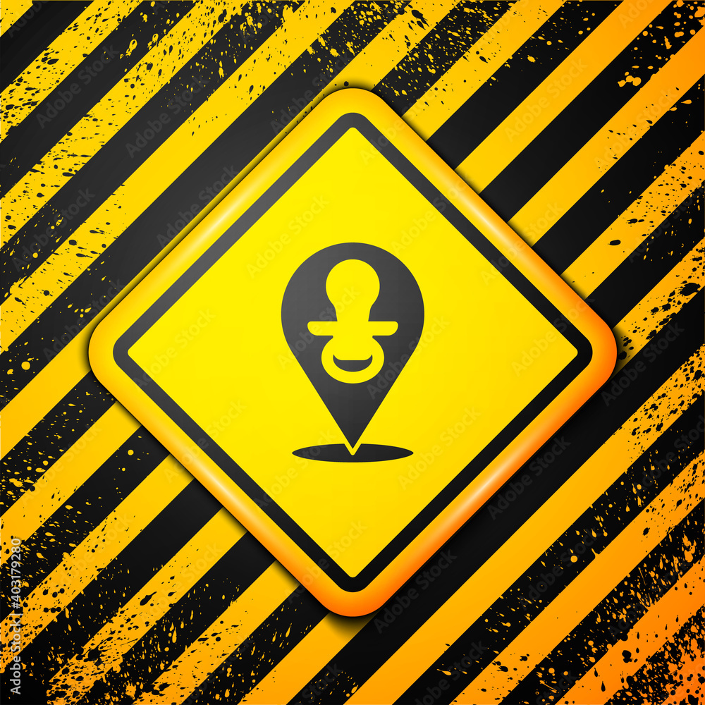 Black Baby dummy pacifier icon isolated on yellow background. Toy of a child. Warning sign. Vector. Black Baby dummy pacifier icon isolated on yellow background. Toy of a child. Warning sign. Vector.