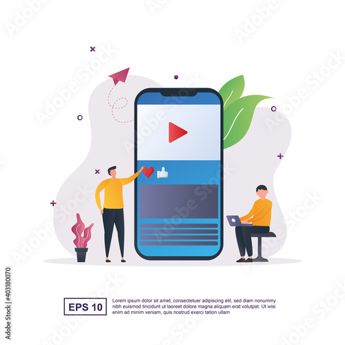 Illustration concept of Content with a man leaning next to a smartphone.