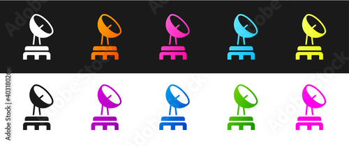 Set Radar icon isolated on black and white background. Search system. Satellite sign. Vector.