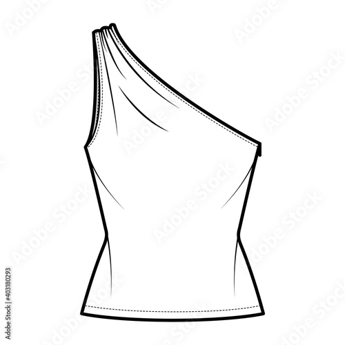 Top One-shoulder with ruching tank technical fashion illustration with fitted slim body, tunic length. Flat outwear shirt apparel template front, white color. Women, men unisex CAD mockup