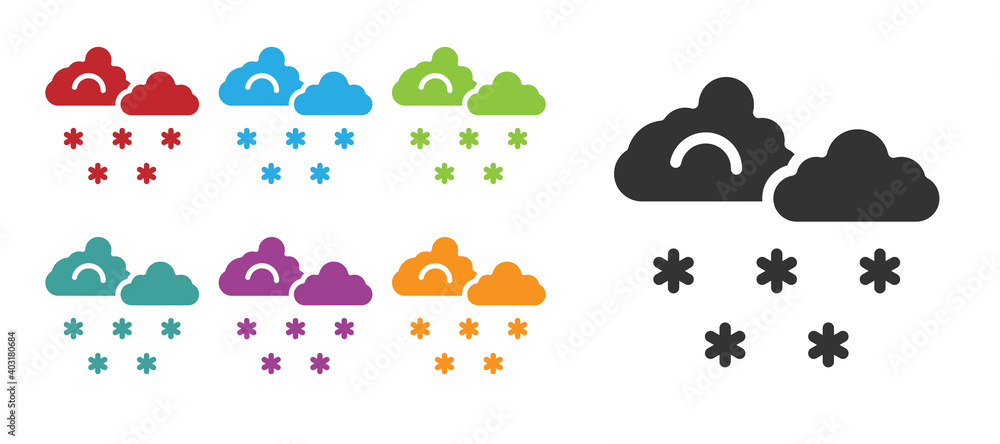 Black Cloud with snow icon isolated on white background. Cloud with snowflakes. Single weather icon. Snowing sign. Set icons colorful. Vector.