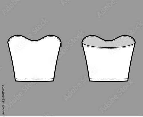 Top crop strapless scoop neckline technical fashion illustration with slim fit, waist length. Flat apparel shirt outwear template front, back, white color. Women men unisex CAD mockup