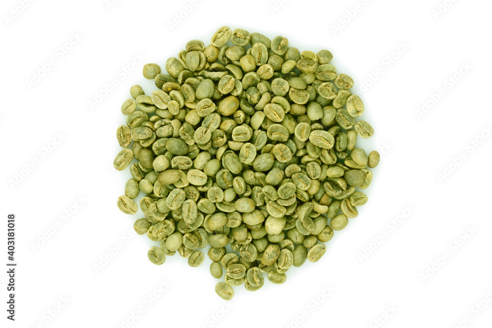 Green coffee beans pile top view isolated on white background Green coffee beans pile top view isolated on white background