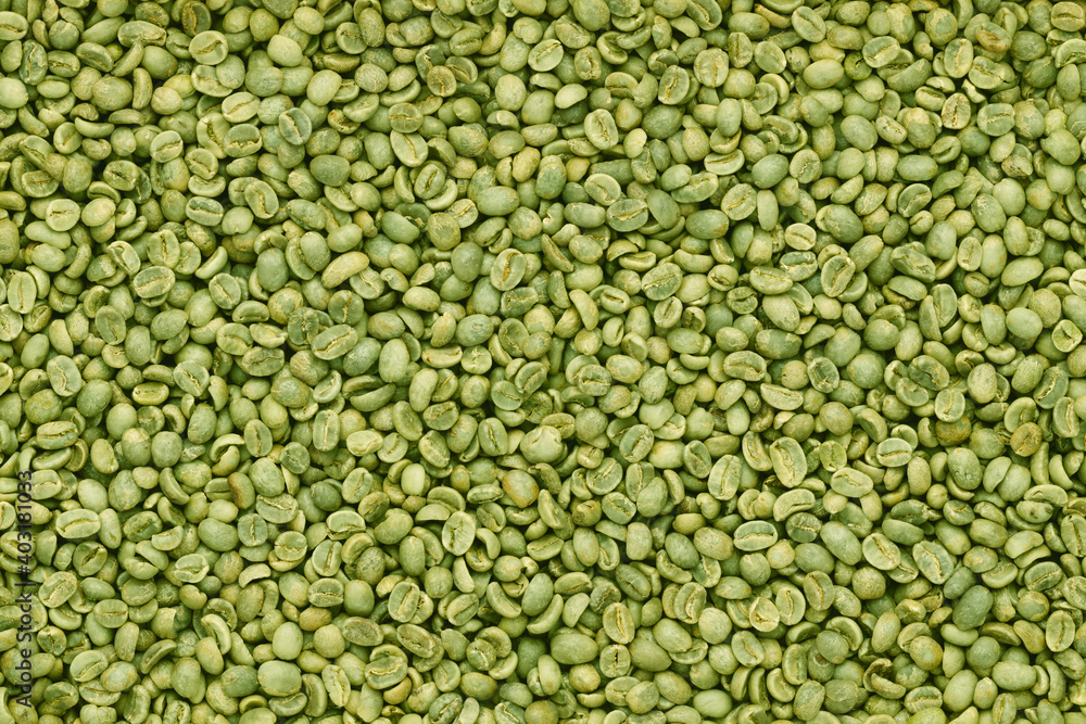 Green coffee beans top view background Green coffee beans top view background