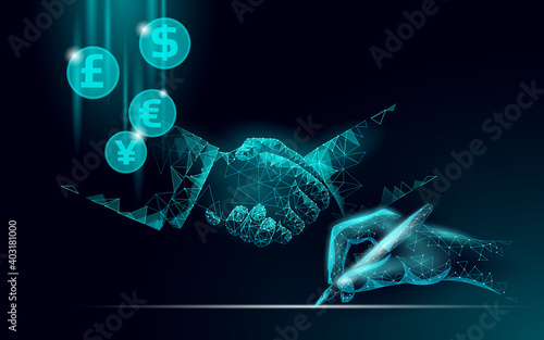 3D businessman handshake finance deal. Business agreement contract concept. Success web network low poly banner. Polygonal international internet connection vector illustration