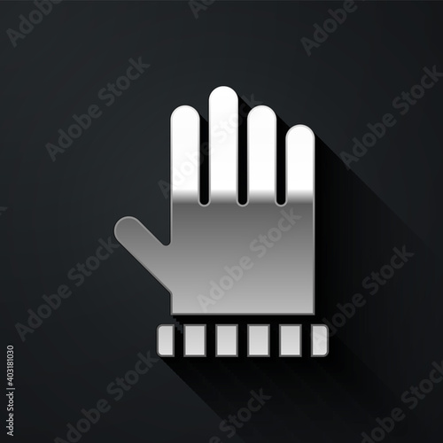 Silver Christmas mitten icon isolated on black background. Long shadow style. Vector.