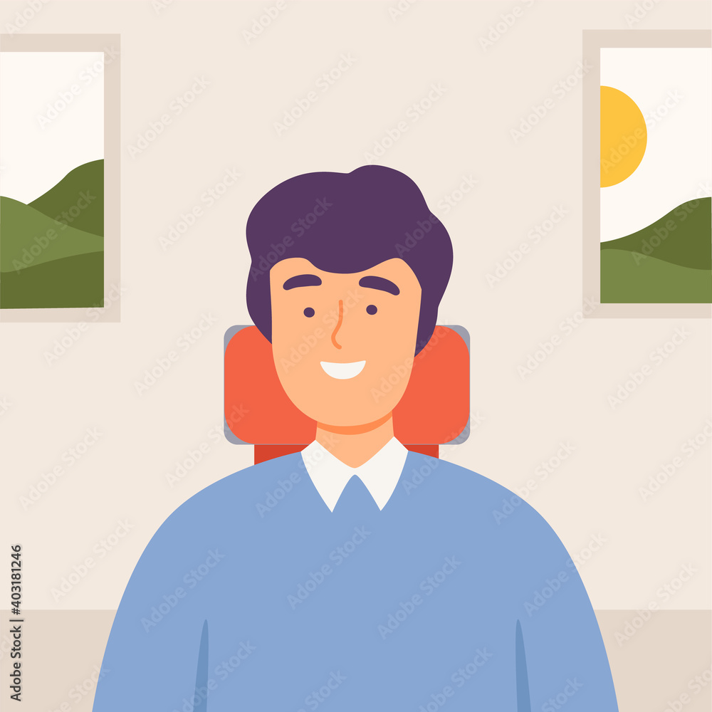 Smiling Man Communicating Online from Home, Video Call, Online Meeting, Chatting by Internet, Quarantine, Isolation Concept Cartoon Vector Illustration