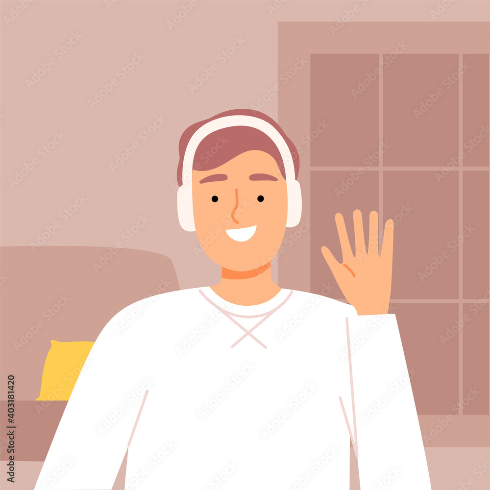 Man in Headphones Communicating from Home Using Computer, Video Call, Man Chatting with Friends or Working Online, Quarantine, Isolation Concept Vector Illustration Man in Headphones Communicating from Home Using Computer, Video Call, Man Chatting with Friends or Working Online, Quarantine, Isolation Concept Vector Illustration