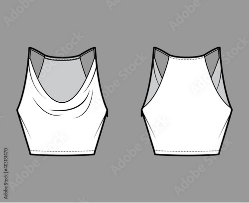 Tank low cowl Crop Camisole technical fashion illustration with thin adjustable straps, slim fit, waist length. Flat outwear top template front, back, white color. Women men unisex CAD mockup